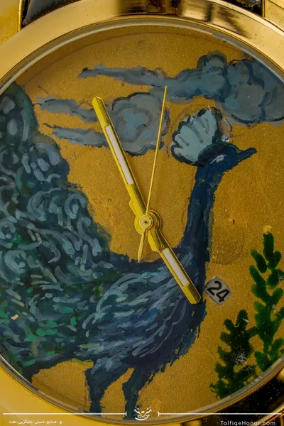  ساعت مچی مردانه صفحه برنج نگارگری مرغ و بوته و بند چرم مشکی