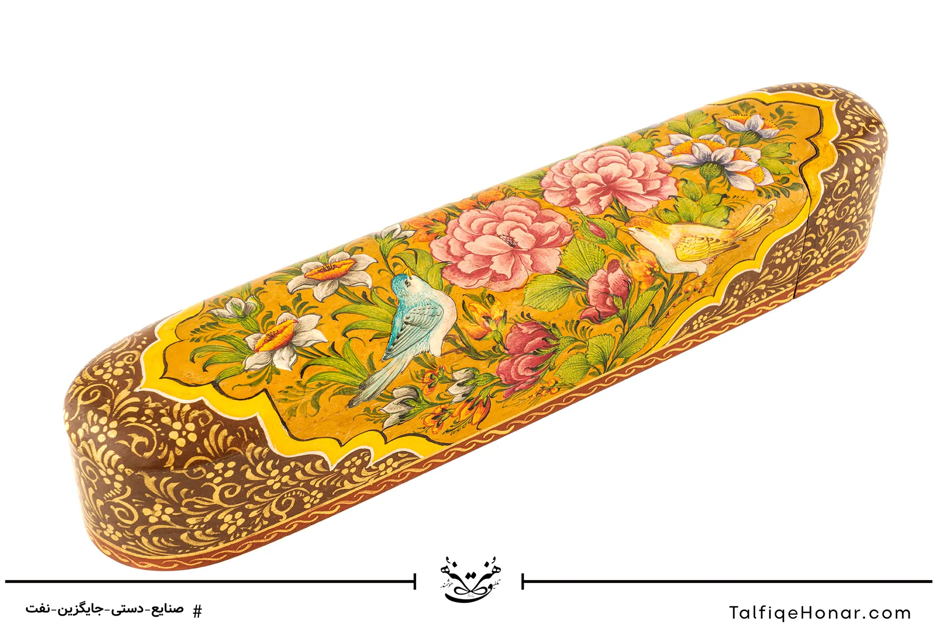 قلمدان چوب گردو تذهیب گل و مرغ سایز 30