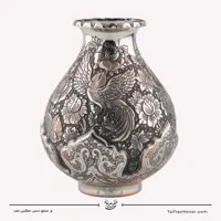 گلدان لاله ای مس قلم زنی طرح گل و مرغ قلع کاری شده سایز 20