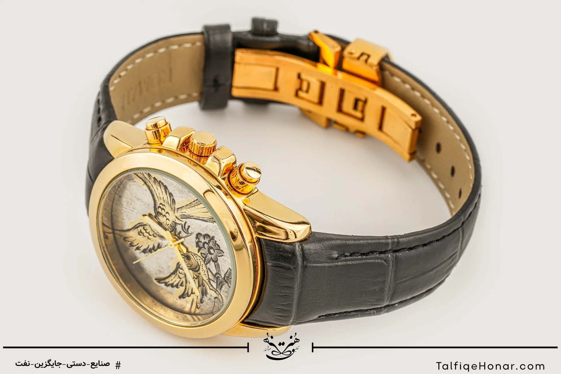 ساعت مچی زنانه صفحه برنج قلمزنی گل و مرغ و بند چرم مشکی