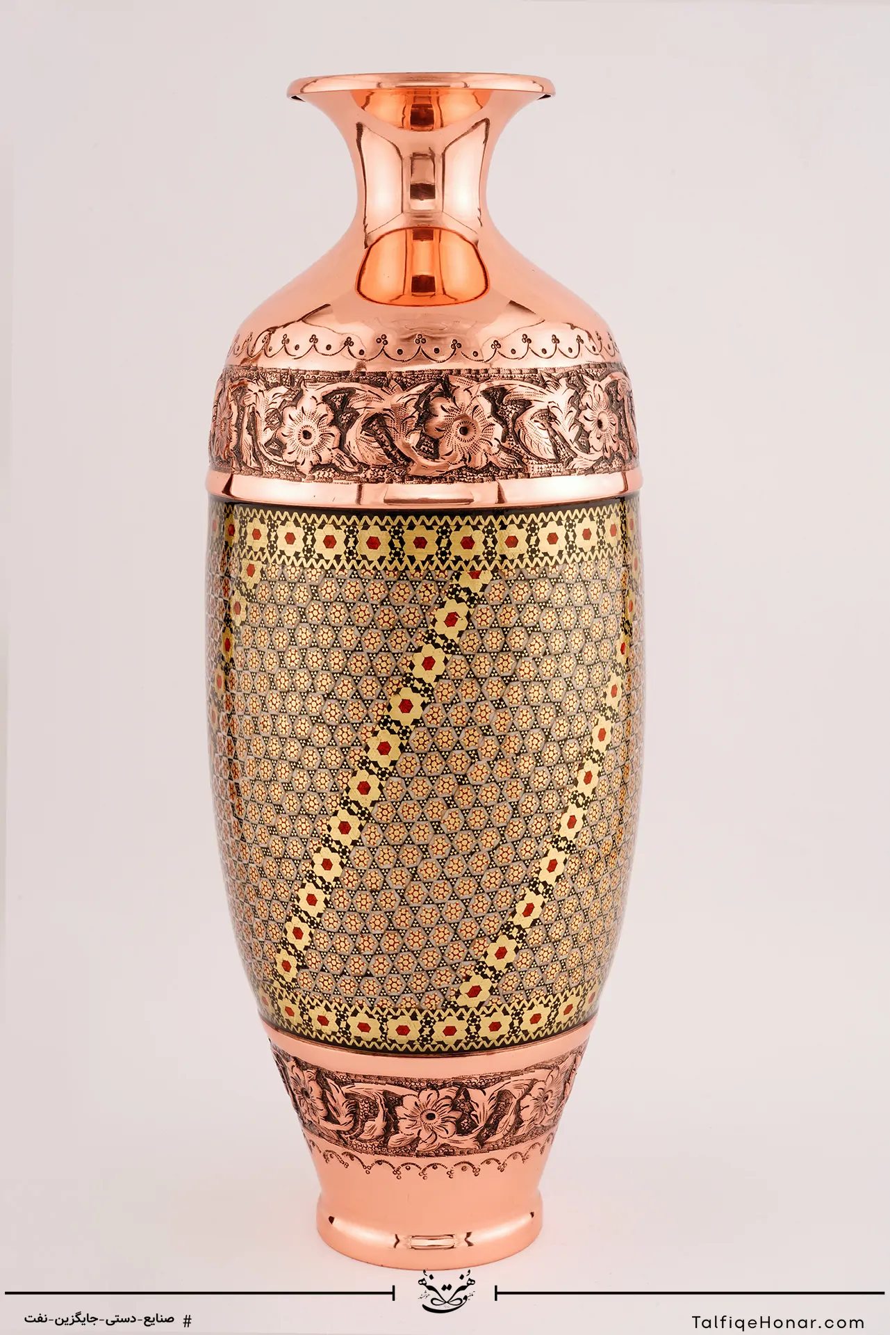 گلدان مس خاتم ماری قلم زنی اعلاء سایز 36(10002)