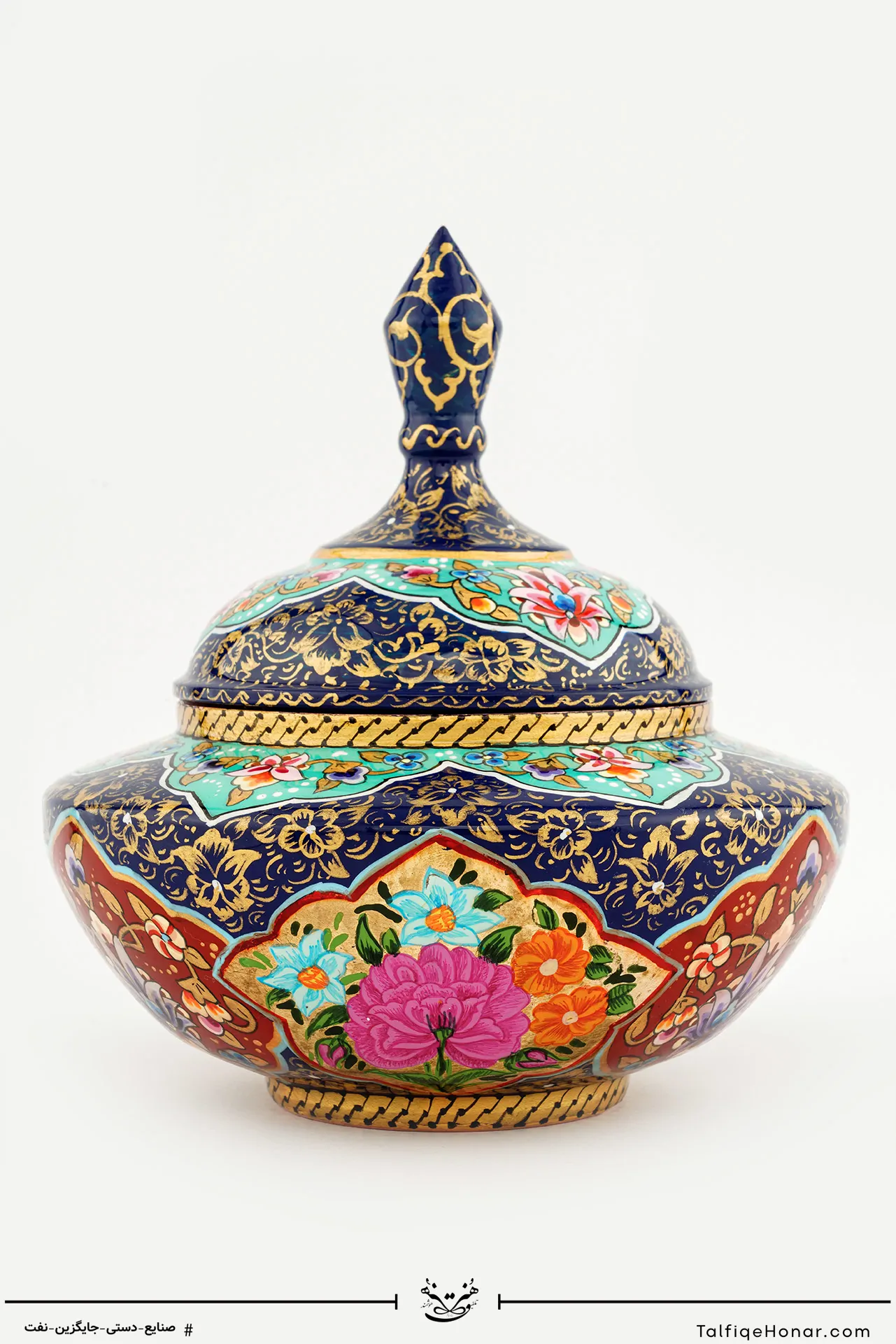 قندان سلجوقی مس تمام پرداز با ورق طلا سایز 16 کد(10526)