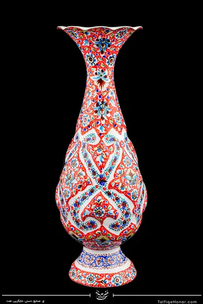 گلدان صراحی ترنج برجسته مینا کاری رنگ قرمز سایز 20(10604)