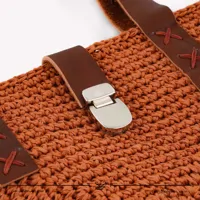 کیف قلاب بافی با الیاف طبیعی رافیا طرح ریحان رنگ آجری سایز 28*30