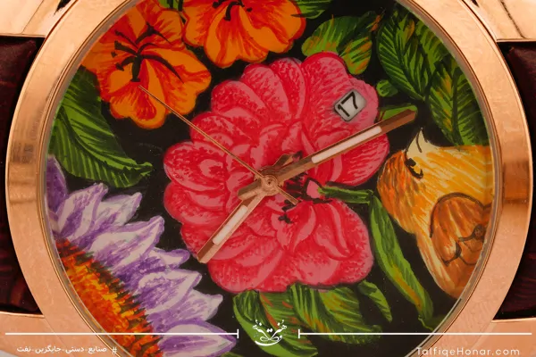 ساعت مچی مردانه صفحه نقاشی طرح گل ومرغ با بند چرمی قهوه ای کروکدیل کد 001(10443)