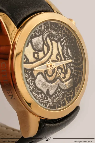 ساعت مچی برنجی قلمزنی زنانه با بند چرمی مشکی طرح ایران(10443)