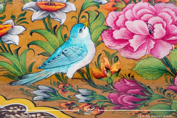 قلمدان چوب گردو تذهیب گل و مرغ سایز 30