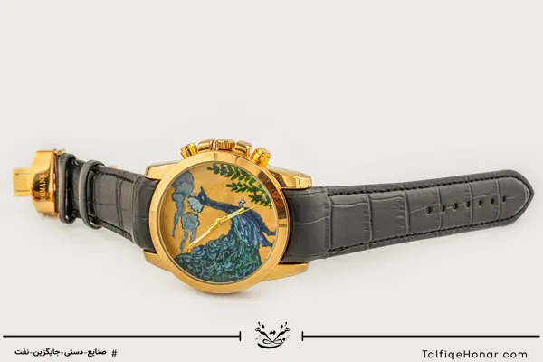  ساعت مچی مردانه صفحه برنج نگارگری مرغ و بوته و بند چرم مشکی