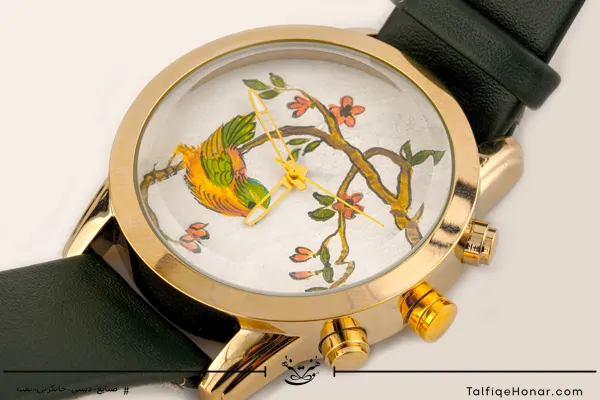  ساعت مچی مردانه صفحه برنج نگارگری گل و مرغ و بند چرم مشکی