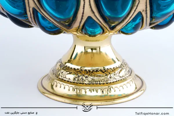 ظرف میوه خوری قلمزنی و آبگینه رنگ فیروزه ای قطر 23