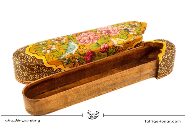 قلمدان چوب گردو تذهیب گل و مرغ سایز 30