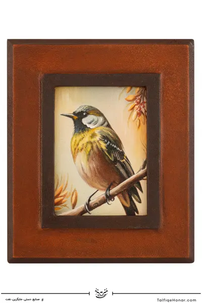 نقاشی اکرلیک تک پرنده با قاب چرمی سایز 21*25