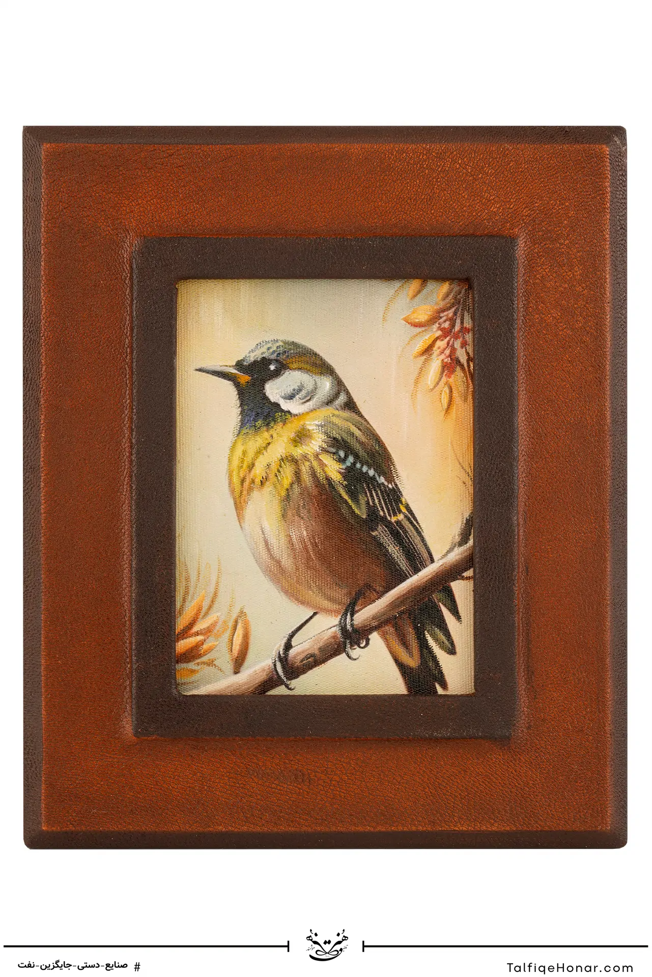 نقاشی اکرلیک تک پرنده با قاب چرمی سایز 21*25