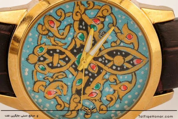 ساعت مچی زنانه صفحه نقاشی طرح شمسه با بند چرمی قهوه ای کروکدیل (10443)