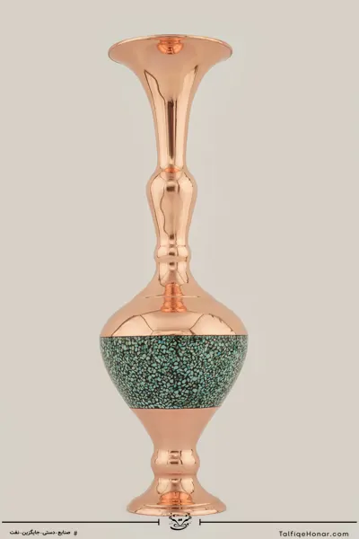 گلدان صراحی مس فیروزه کوبی سر شانه دار سایز 25(10002)