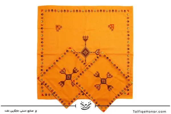 ست سه تکه رومیزی و کوسن سوزن دوزی بلوچ رنگ آجری