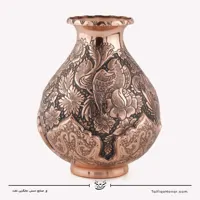 گلدان لاله ای مس قلم زنی طرح گل و مرغ سایز 20