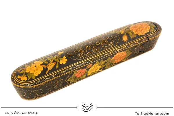 قلمدان پاپیه ماشه گل و مرغ و تشعیر سایز 22 کد 001