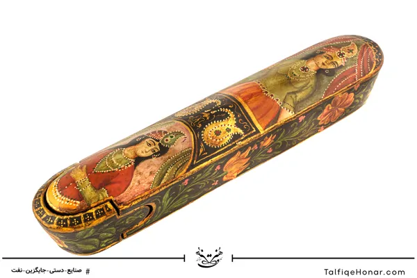 قلمدان پاپیه ماشه صورت و گل و مرغ قاجار سایز 25