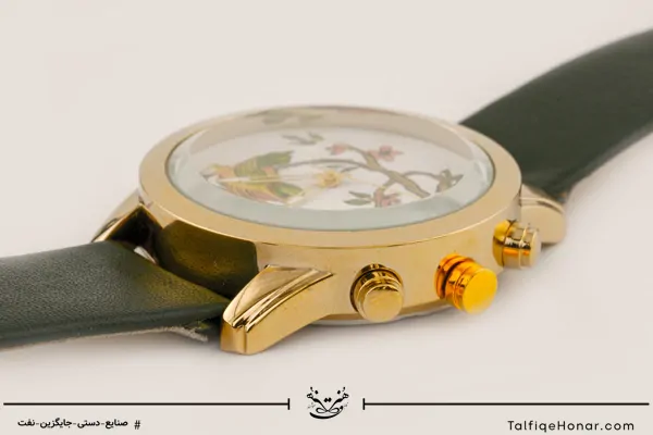  ساعت مچی مردانه صفحه برنج نگارگری گل و مرغ و بند چرم مشکی