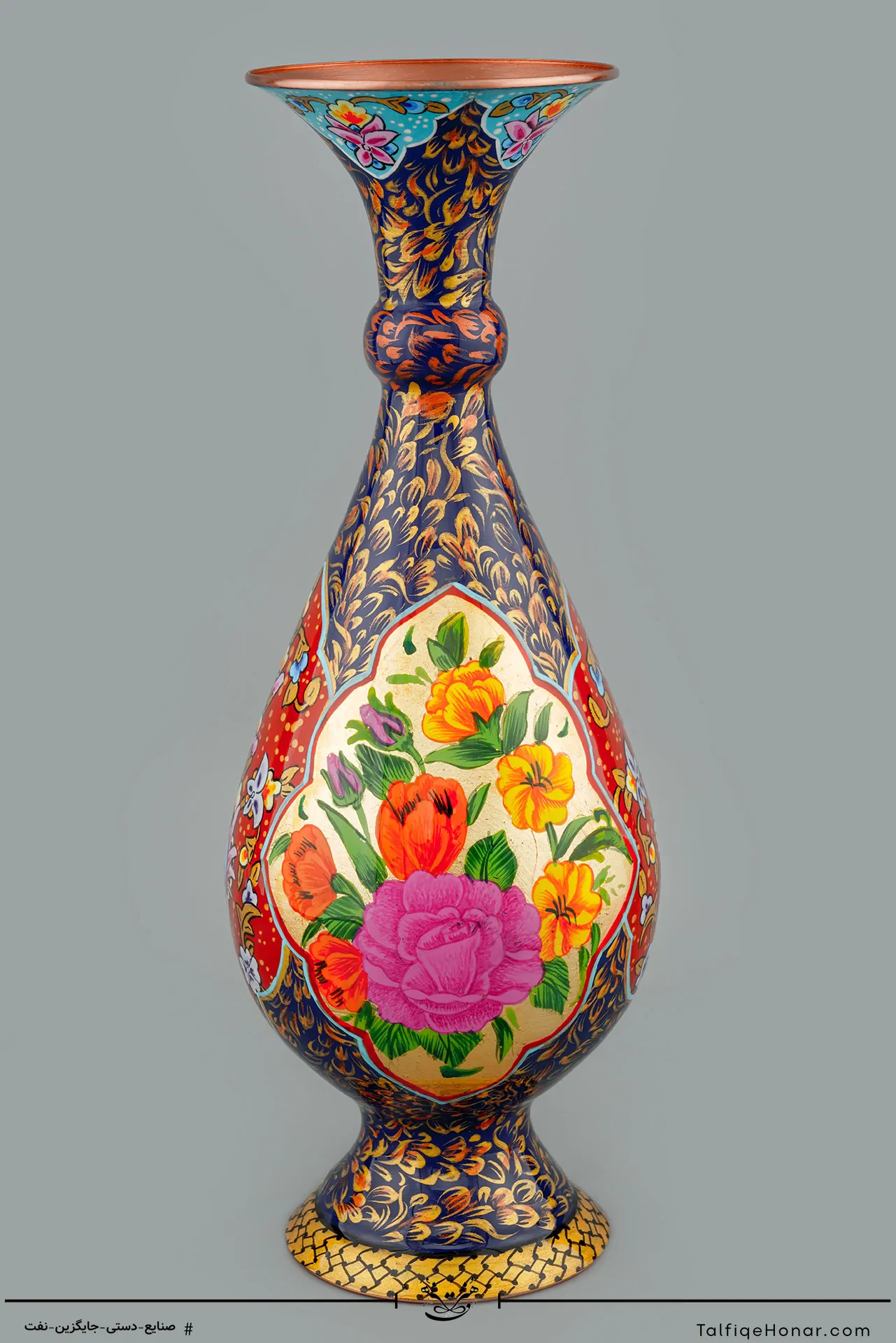 گلدان صراحی مسی تمام پرداز با ورق طلا سایز 26 کد 002(10526)