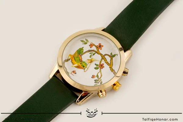  ساعت مچی مردانه صفحه برنج نگارگری گل و مرغ و بند چرم مشکی