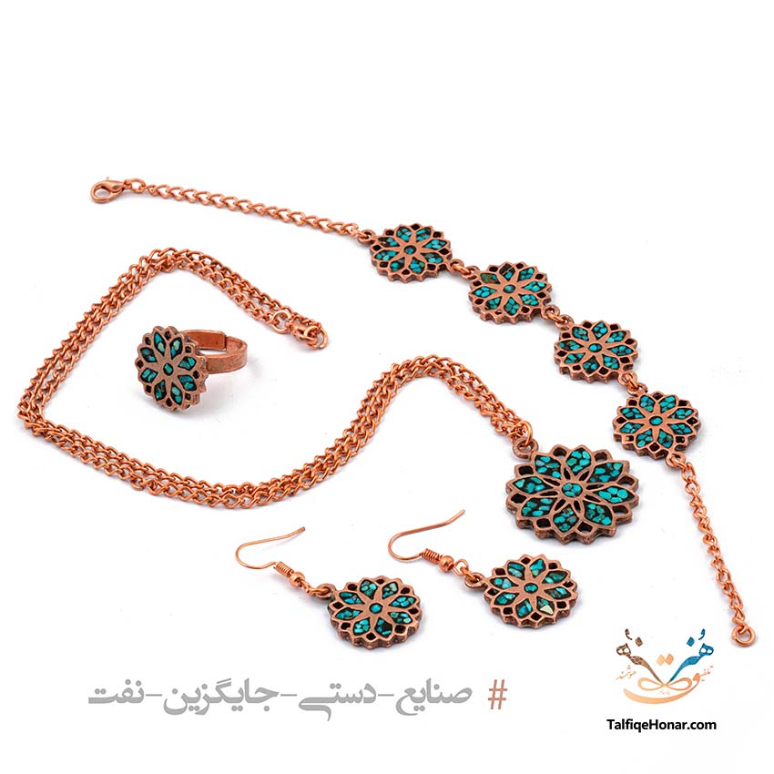 ست کامل زیور آلات فیروزه کوب با زیر ساخت مس طرح نیلوفر