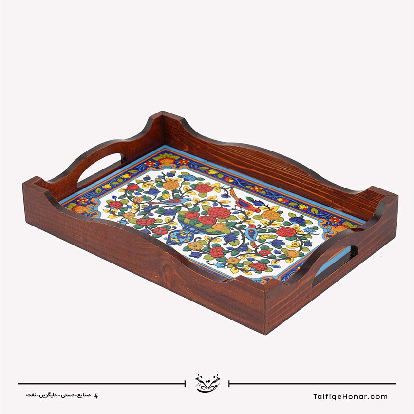 سینی دالبر با کاشی طرح گل و مرغ سایز 23*34