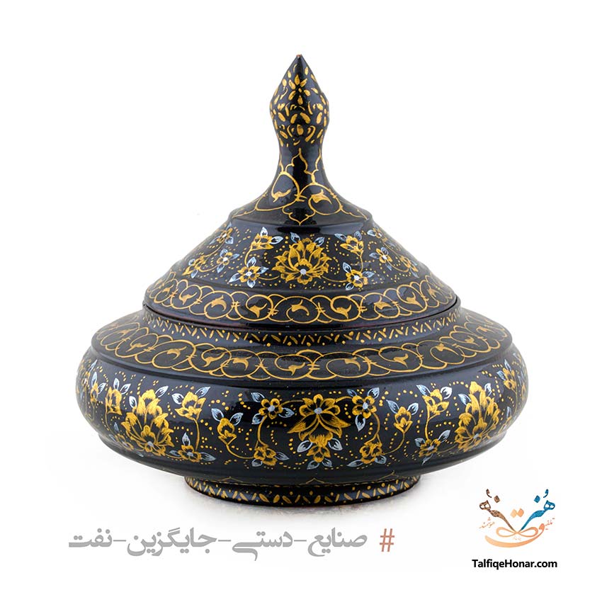 قندان سفینه ای مس تمام پرداز مشکی طلایی سایز 18