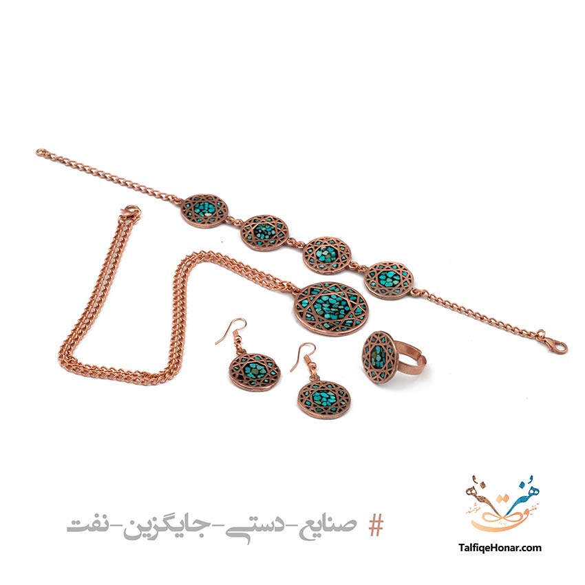 ست کامل زیور آلات فیروزه کوب با زیر ساخت مس طرح گره هشت